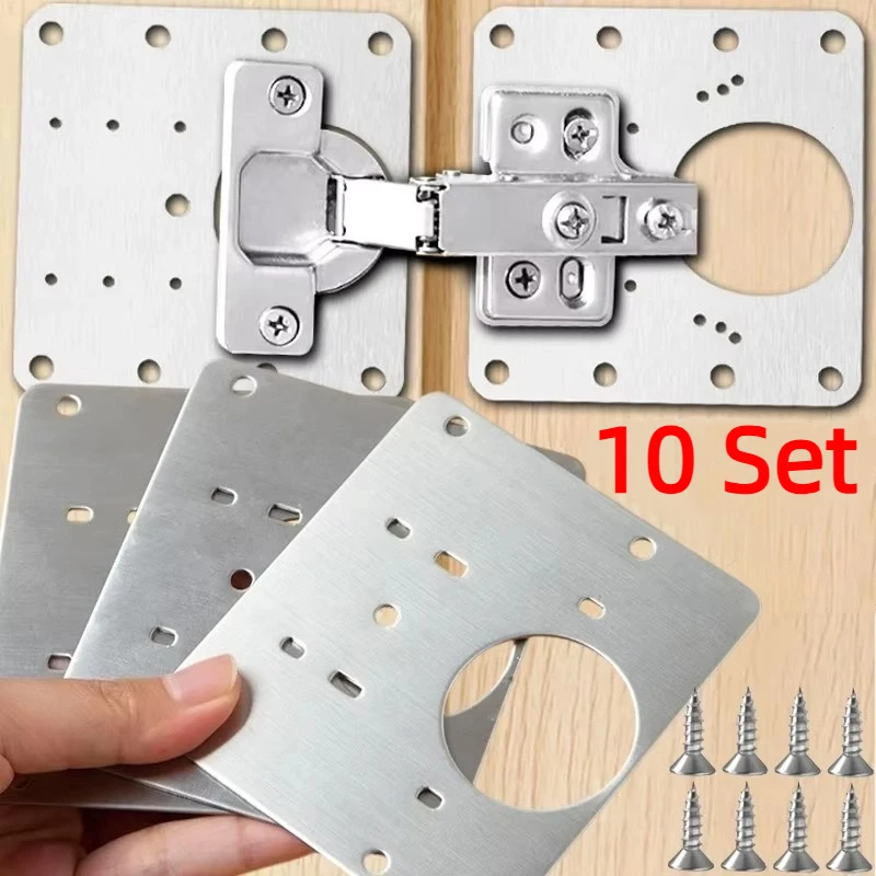Placa de reparación de bisagra de puerta de gabinete de acero inoxidable, Kit de placa de montaje de bisagras de puerta de gabinete con tornillo, herramientas de Hardware para muebles