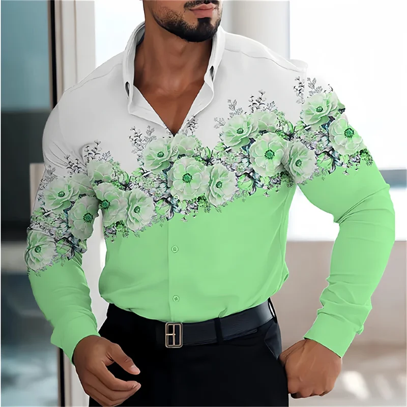 Camisa casual versátil masculina, camisa de manga comprida, de peito único, lapela floral regular, moda de rua, outono