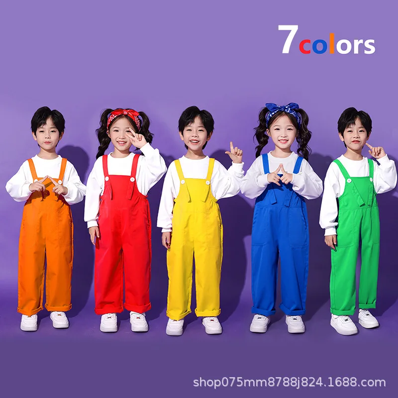 Boys Hip Hop Loose Colorful Overalls Girls Patchwork Dungaree Children Candy Color Jumpsuit Street Dance Romper Kids Streetwear
