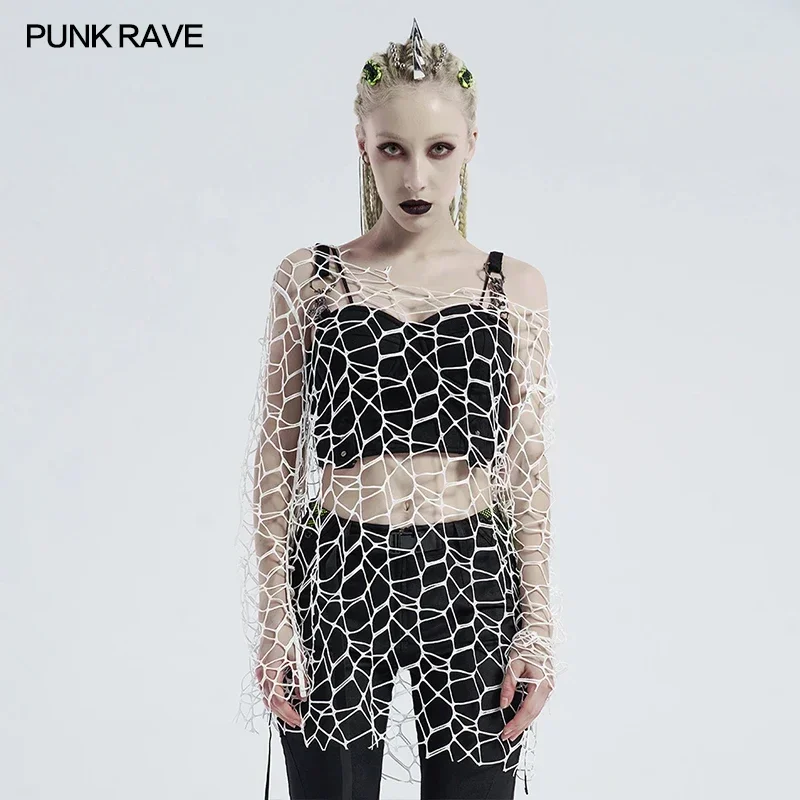 PUNK RAVE T-shirt a maniche lunghe a maglia larga quotidiana gotica da donna Punk semplice scava fuori prospettiva sexy top casual allentati da donna