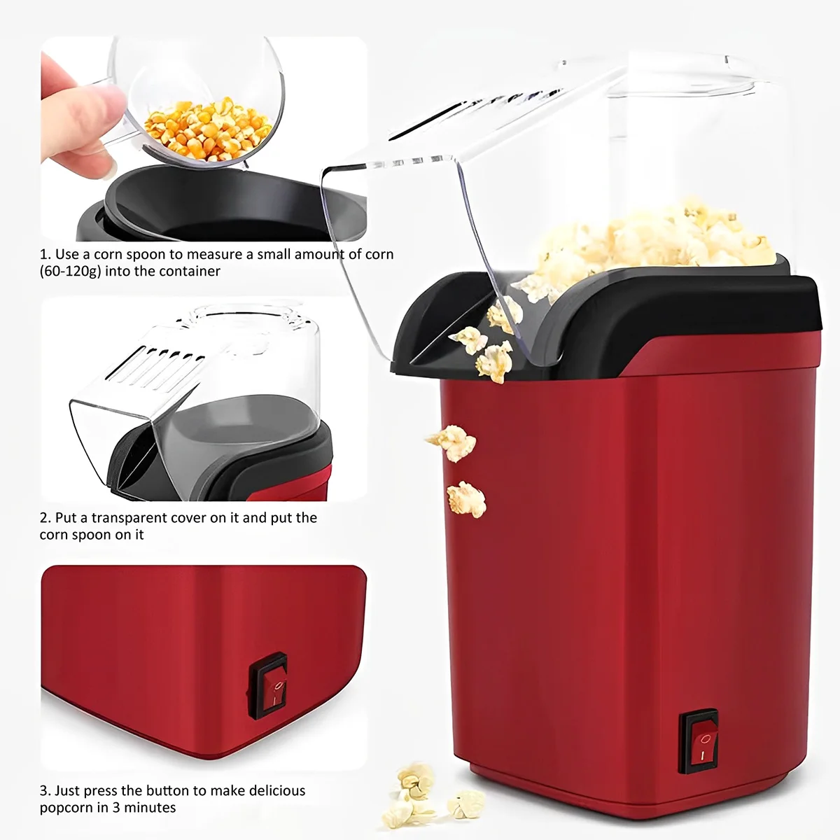 1200W Electric Popcorn Machine Reusable Hot Air Popcorn Maker with Measuring Cup Top Lid DIY Oil-Free Healthy for Home Party