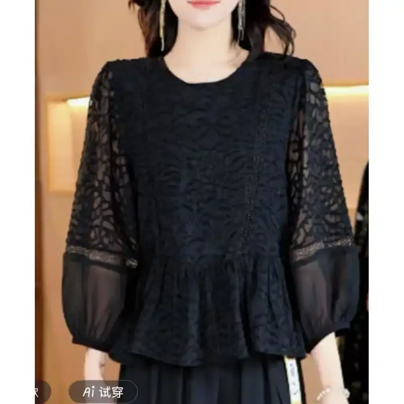 

Women's Fashion Round Neck Solid Lantern Sleeve Blouse Spring Summer New Versatile Pullover Office Top
