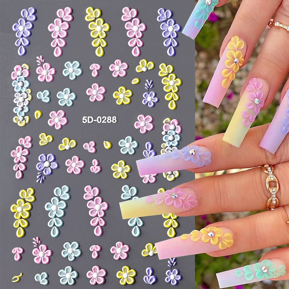 1pcs 5D Embossed Flower Nail Stickers Pastel Color Small Flower & Heart Nail Decals Spring Small Flower DIY Manicure Decorations