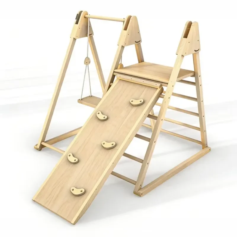 4 In 1 Wooden Climbing Toys For Toddlers Multifunctional Triangle Set Indoor Jungle Gym With Swing And Ramp