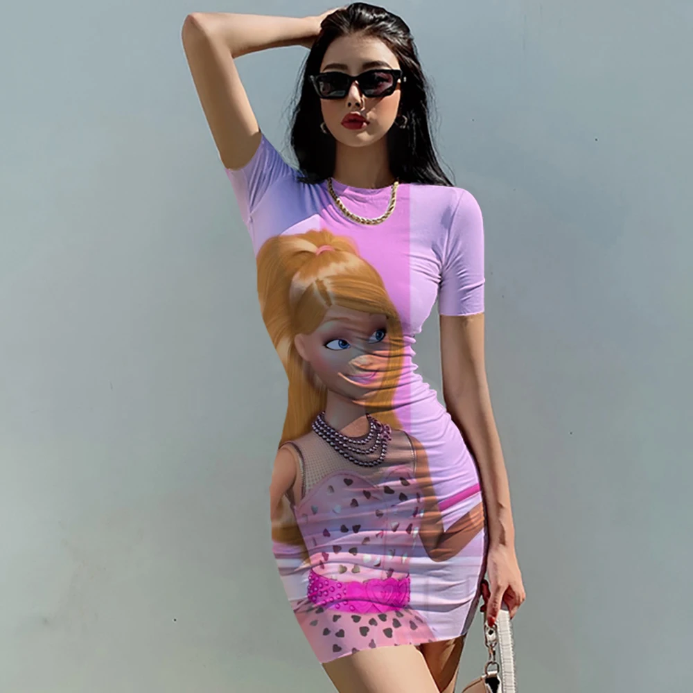 Sexy Barbie Doll Printed Girl's Dress Kawaii Fashion Women's Slim Fit Hip Closing Long Dress Casual Short Sleeve Sports Dress Gi