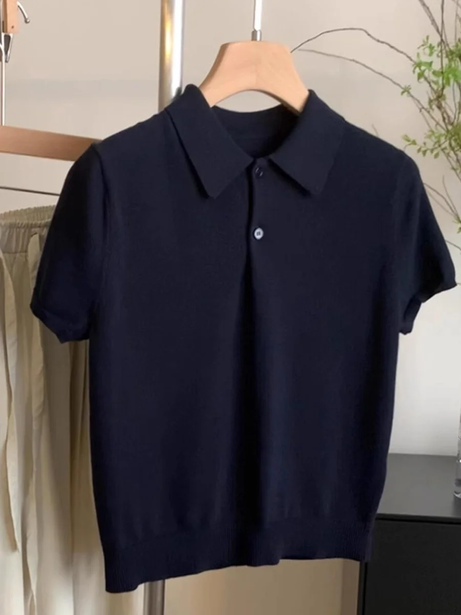 

High-End Luxury Ice Silk Knitted Short Sleeve T-Shirt Women Summer Turn-down Collar Commute Style Regular Fit Single Piece