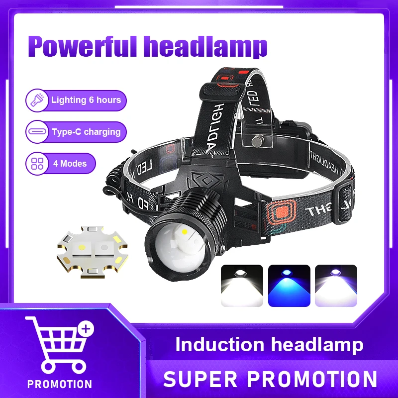 

Powerful Rechargeable Head Flashlight 2*800W LED Two Kinds of Lights High Power Led Head Flashlight Waterproof IPX6 Headlamp