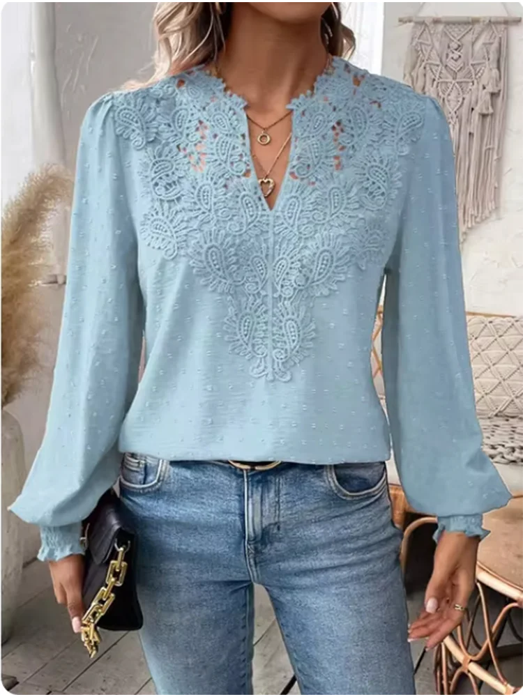 Luxury Solid Color V-Neck Long Sleeved Lace Top Women\'s Hollow T-Shirt Lady Elegant Office Autumn Spring Blouse Clothes