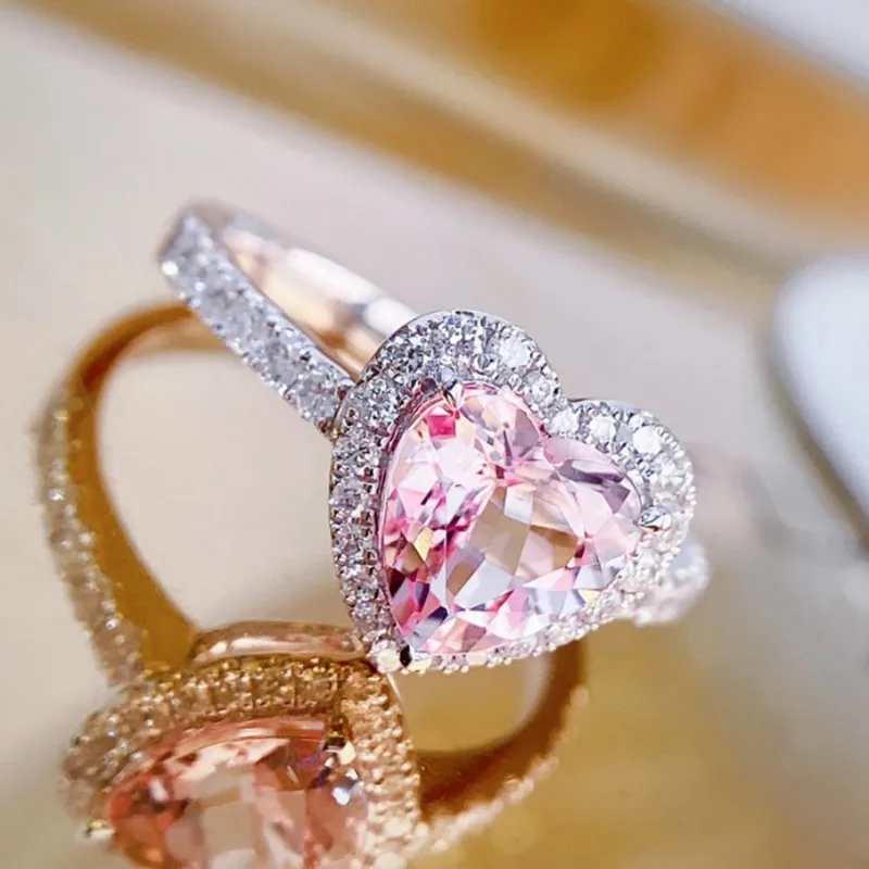 Luxury Heart Shape Pink Silver Color Cute Fashion Promise Ring for Women Girl Party Wedding Gift Trendy Jewelry