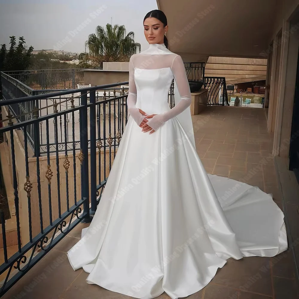 

Luminous A-Line Women Wedding Dresses Elegant High Collar Satin Bride Gown Engagement Banquet Vestidos De Novias Customized 2026