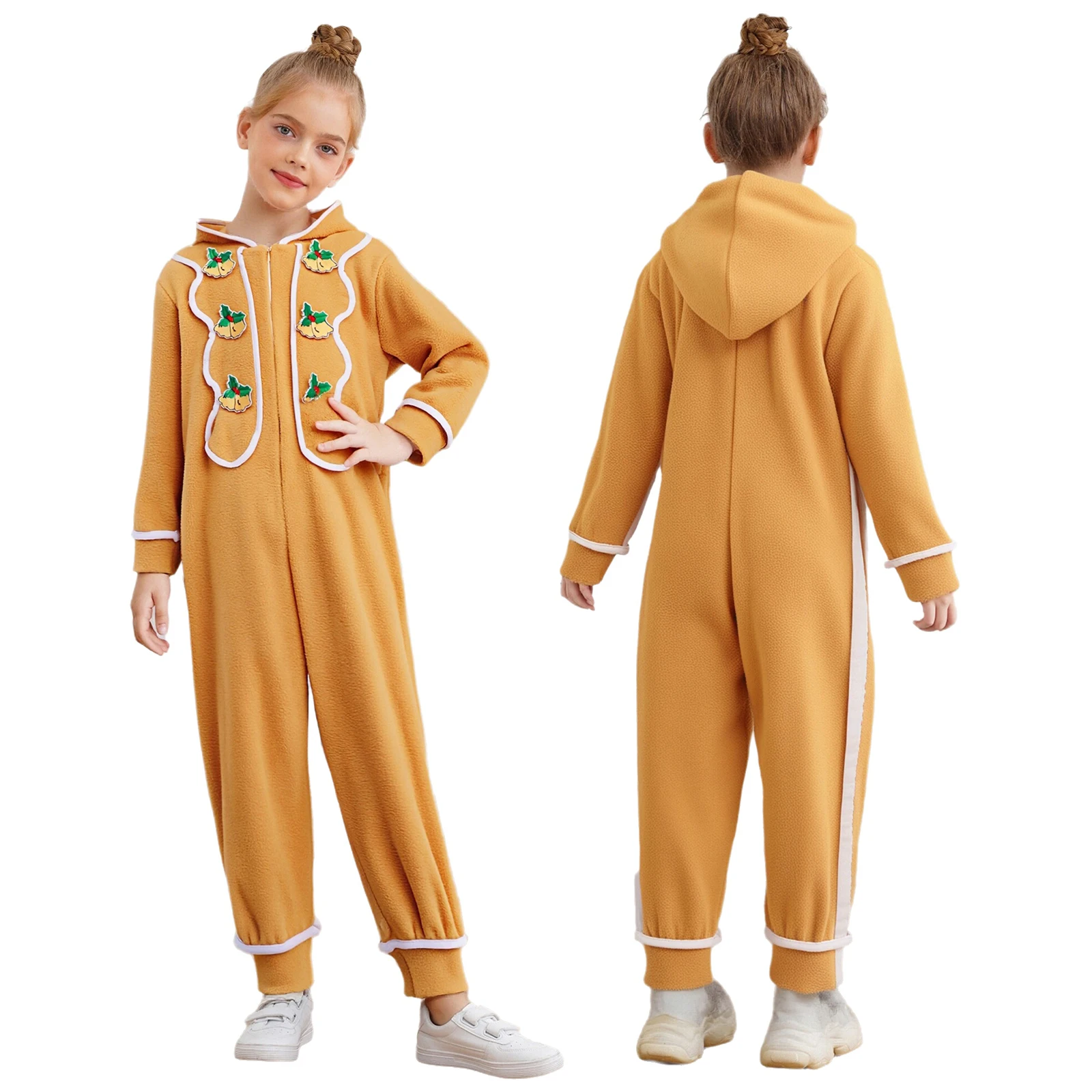 Unisex Kids Christmas Gingerbread Man Cosplay Costume Long Sleeve Zipper Soft Hooded Jumpsuit Xmas Fancy Dress Up Party Clothes