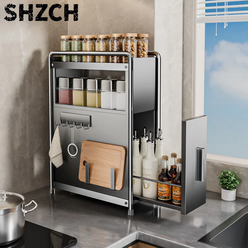 Multifunctional Pull-Out Kitchen Shelf Spice Condiment Organizer Countertop Storage Solution Space-Saving Tidy Rack for Kitchen