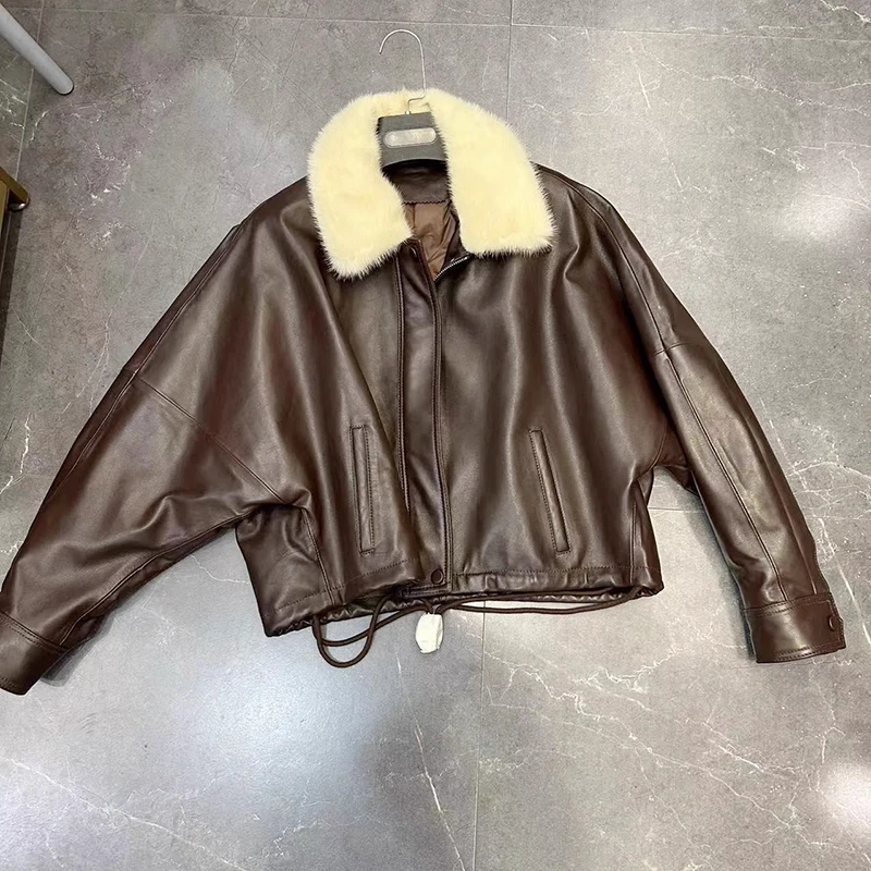 سترة جلدية حقيقية جديد الشتاء النساء الخضار دباغة النفط الشمع جلد الغنم الرباط فرو المنك طوق القهوة قصيرة أوزة أسفل معطف #4