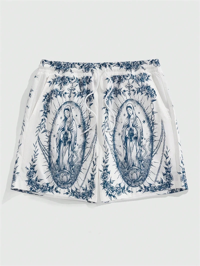Fashion Virgin Mary Graphic Short Pants For Men Summer Trend Vacation 3D Printed Beach Shorts Cool Streetwear Loose Swim Trunks