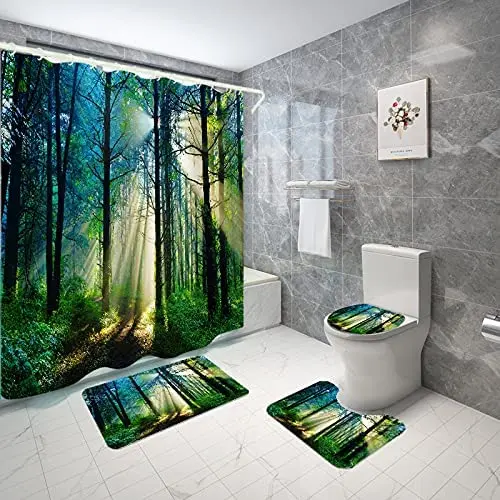 Pine Forest Grass Ground Trees Sky Sunshine Natural Landscape Shower Curtain With Rugs Set 4pcs For Bathroom Decor