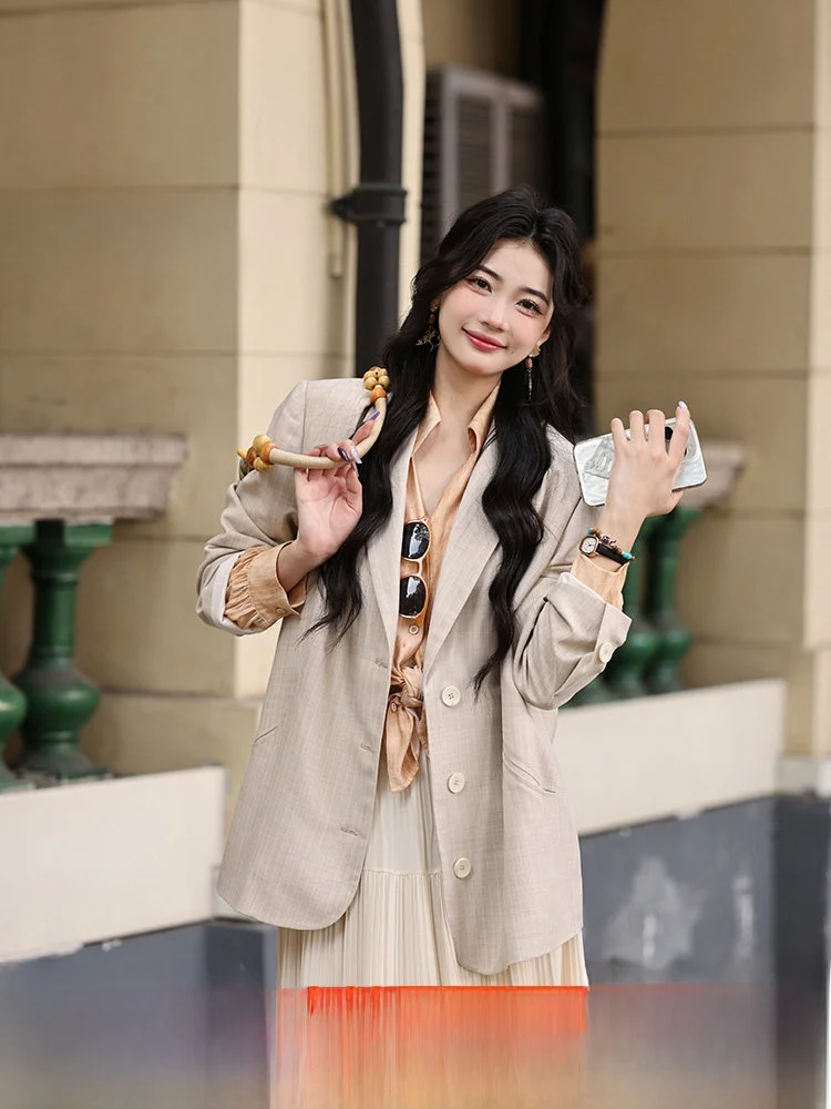 

Loose Women's Suit Jacket Fashionable Elegant Style Almond Camellia Spring New Arrival Single Button Closure Long Sleeve