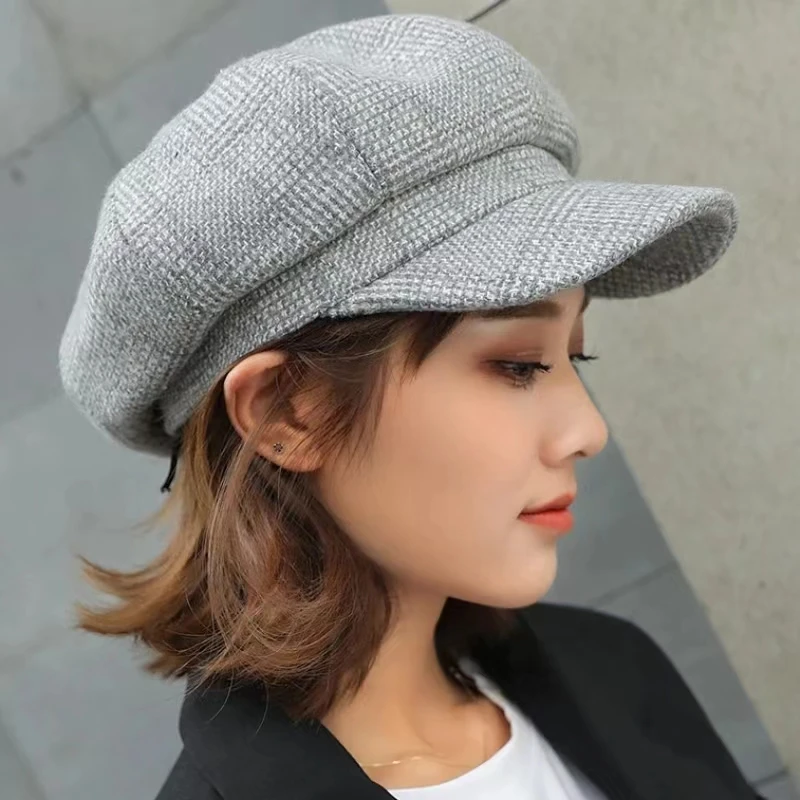 HT1991 Women Men Wool Felt Berets High Quality Autumn Winter Hat Thick Warm Unisex Octagonal Cap Retro Plaid Beret Cap