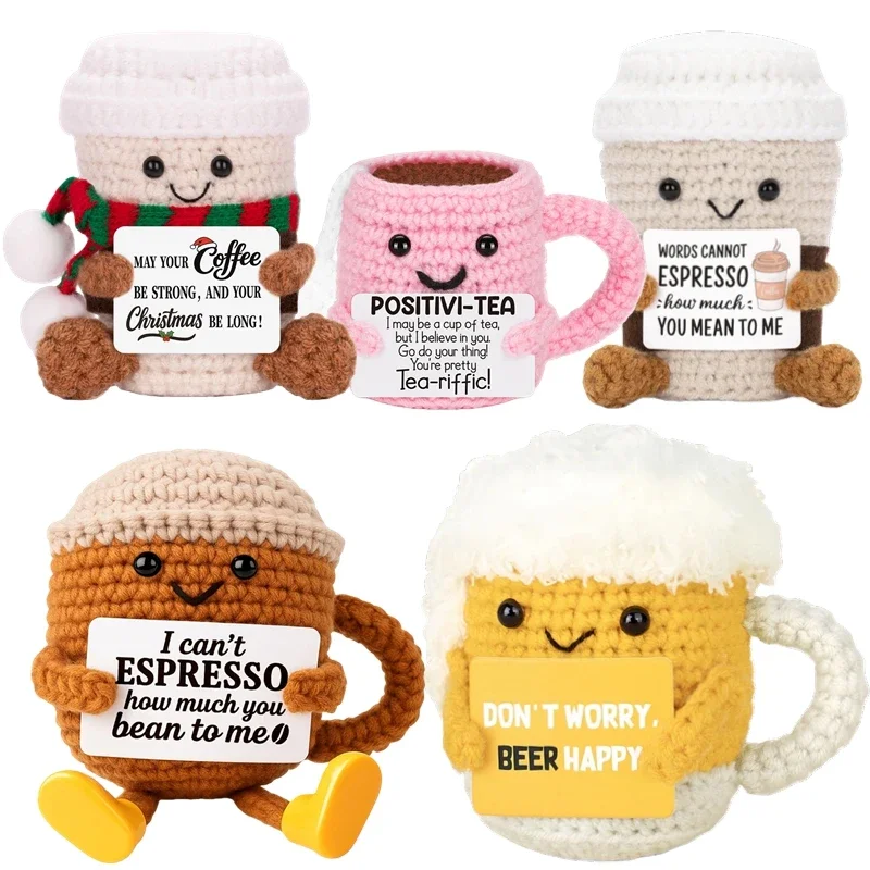 Creative Funny Crochet Coffee Cup Dolls with Card Emotional Support Desktop Ornament Handmade Knitted Figurines Gifts Home Decor