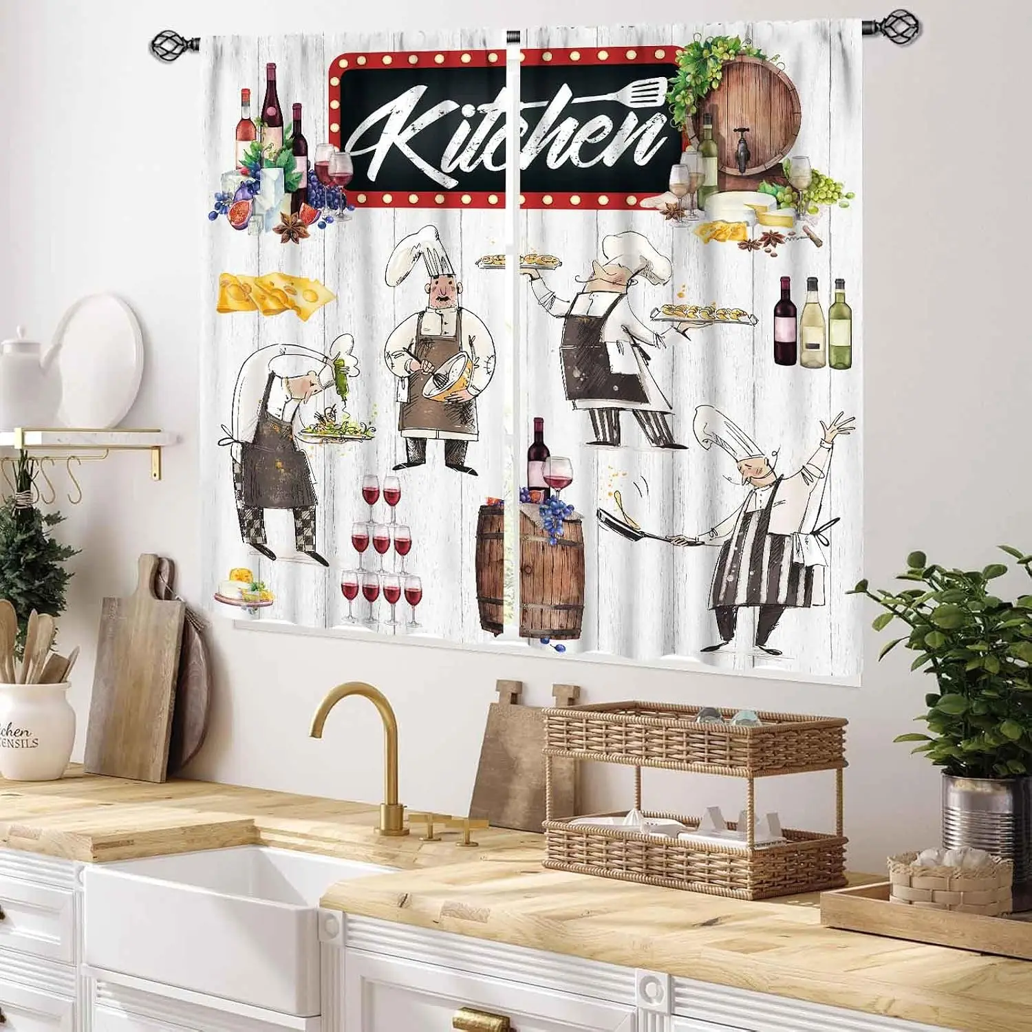 Cartoon Chef Wine Kitchen Curtains, White Wood Plank Cheese Grape Barrel Print Window Drapes for Farmhouse Kitchen Cafe Decor