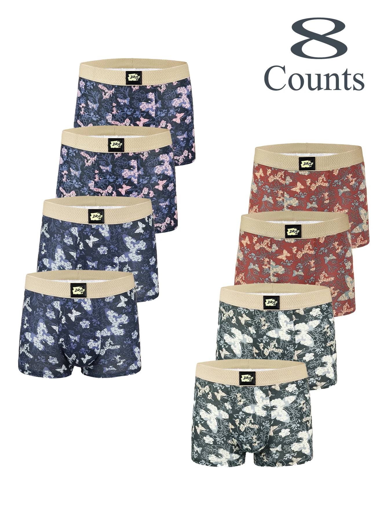 

A set of 8-piece men's briefs with artistic butterfly and floral prints, comfortable and breathable