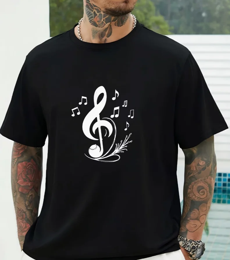Music Clef Melody Notes Graphic Tee Men Short Sleeve Festival Gift Idea Trendy Summer T-Shirt Comfortable Teamwear Cotton Top
