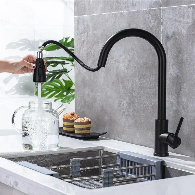 Black Touch Kitchen Faucets with Pull Down Sprayer Hot Cold Pull Out Kitchen Mixer Tap Smart Sensitive Touch Kitchen Faucet