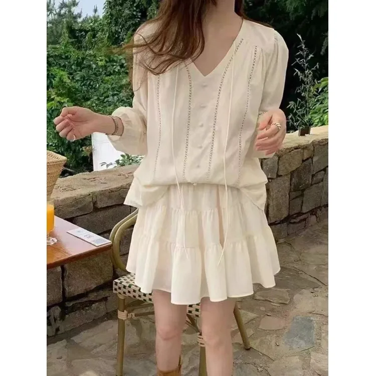 

Модный комплект с юбкой с высокой талией и рубашкой в корейском стиле для весны и лета, новинка, молодежный образ