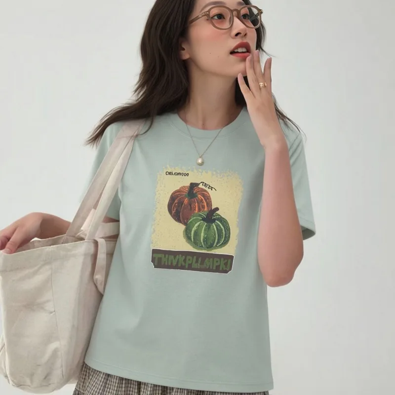 Women Crew Neck Pumpkin Oil Painting Print Short Sleeve T Shirt Soft Combed Cotton Loose Casual Summer Tops