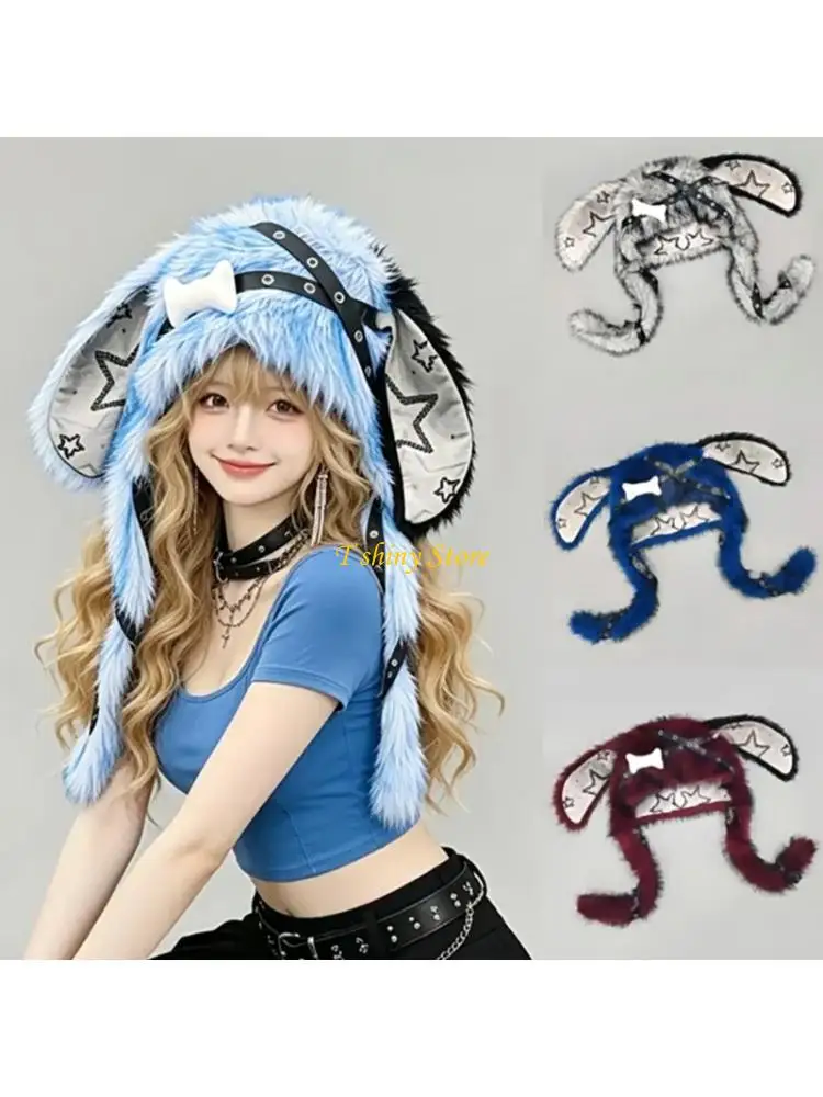 N58F Long-Ear Rabbits Hat in Soft Plush Fabric with Star Pattern, Crossed Black Straps, and Bone-Shaped Front Decors for