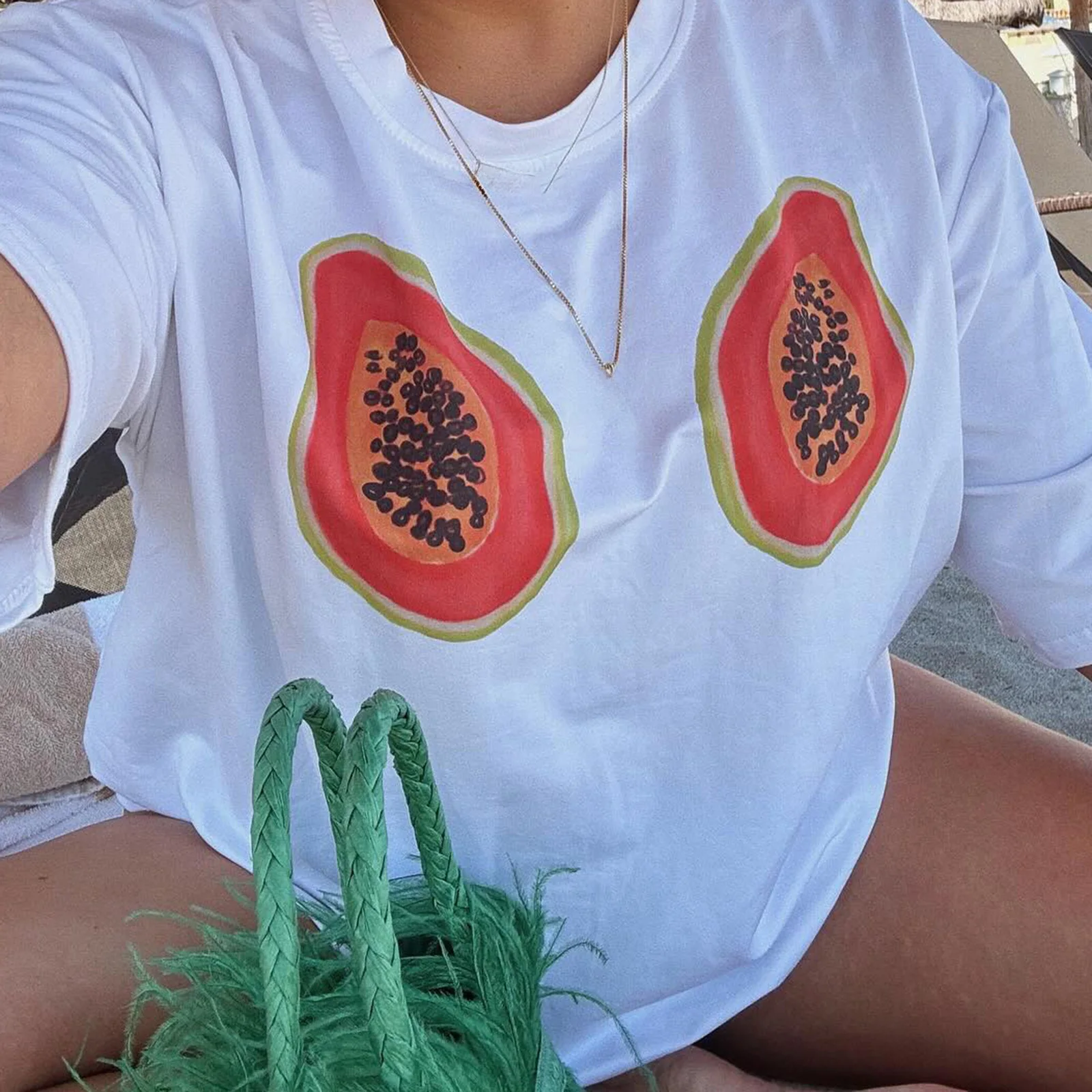 Women's Y2K Crew Neck Short Sleeve Oversized T-shirts Aesthetic Papaya/Cherry/Paw Print Summer Loose Fit Tops for Casual Daily