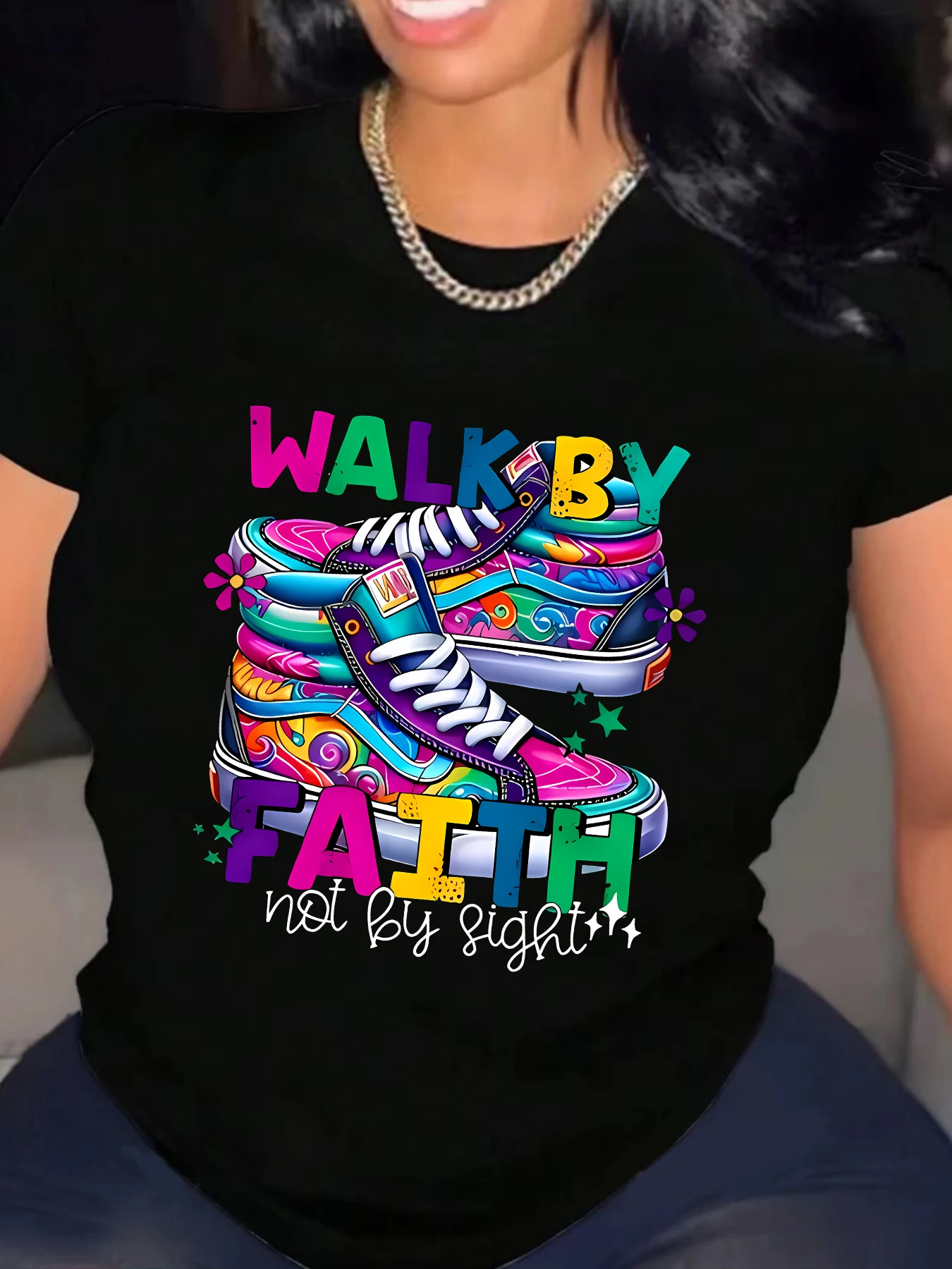 

Shoes Plus size women's round neck short sleeve T-shirt with elastic half sleeves and trendy prints