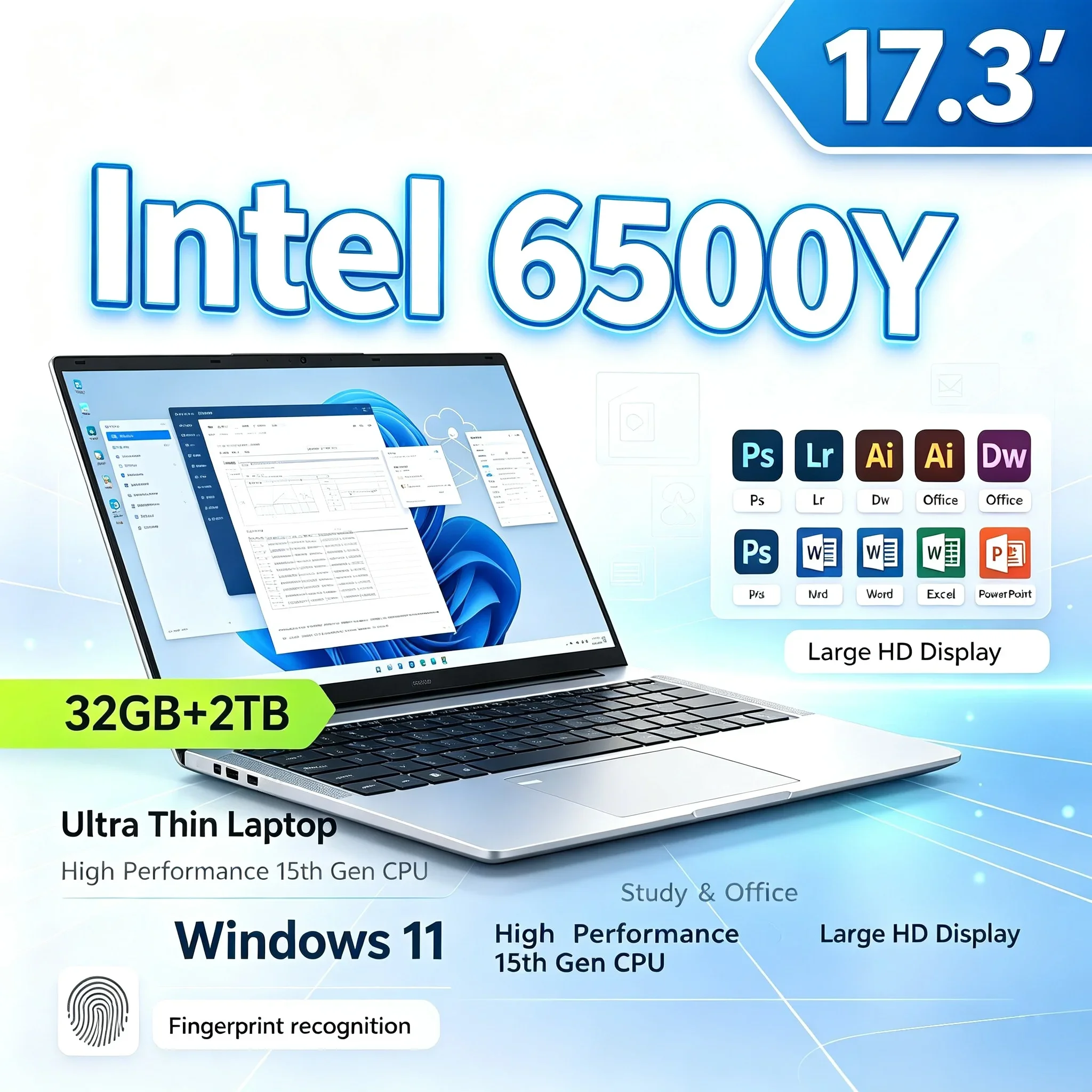17.3'' Inch Large HD Screen Portable Laptop Intel 6500Y 32GB RAM 1TB 2TB SSD Windows11 WiFi6 BT5.2 Notebook PC For Home & Office
