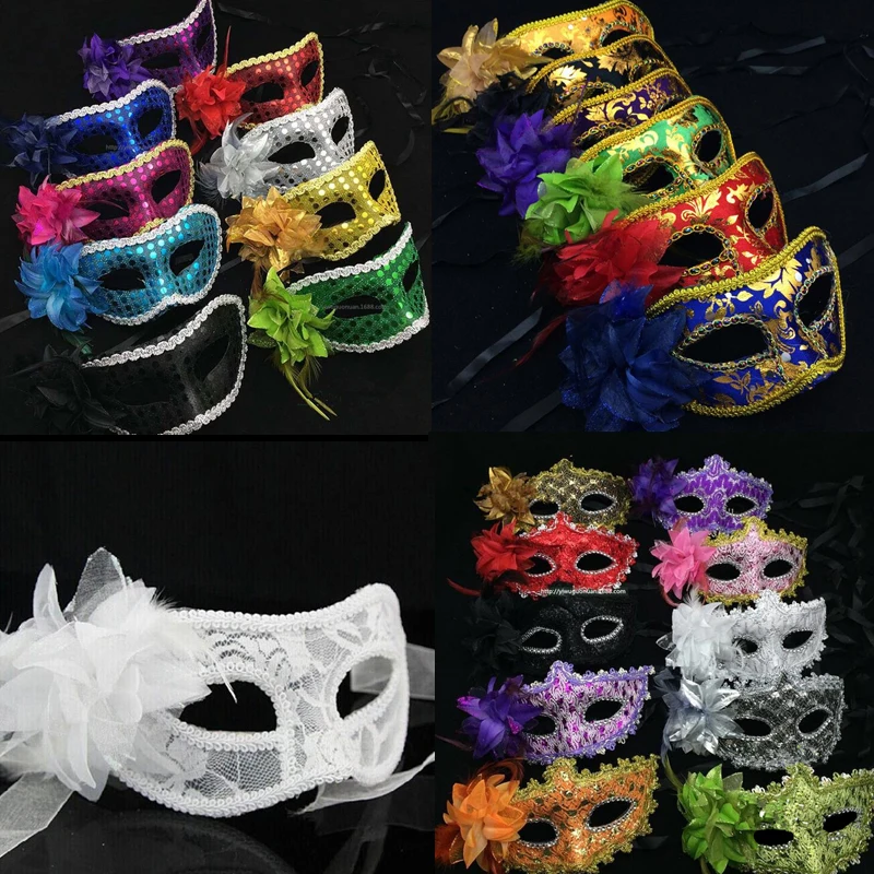 10pcs Sexy Women Masquerade Lace Flower Feather Mask Half Face Venice Princess for Wedding Birthday Party Cosplay Halloween