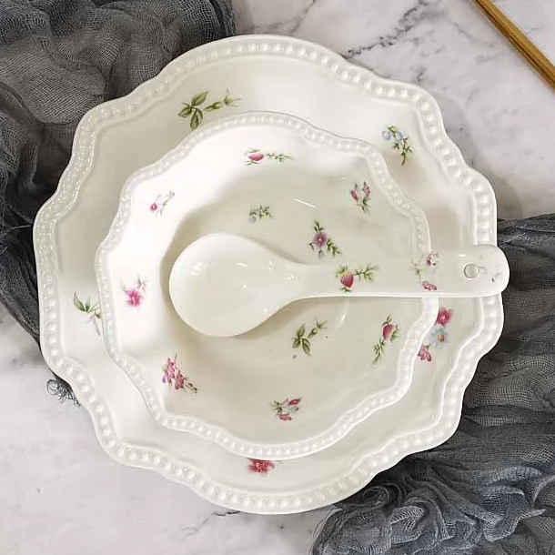 New Relief Flat Plate Floral Ceramic Plate Household Internet Celebrity Dessert Plate Bowl Set