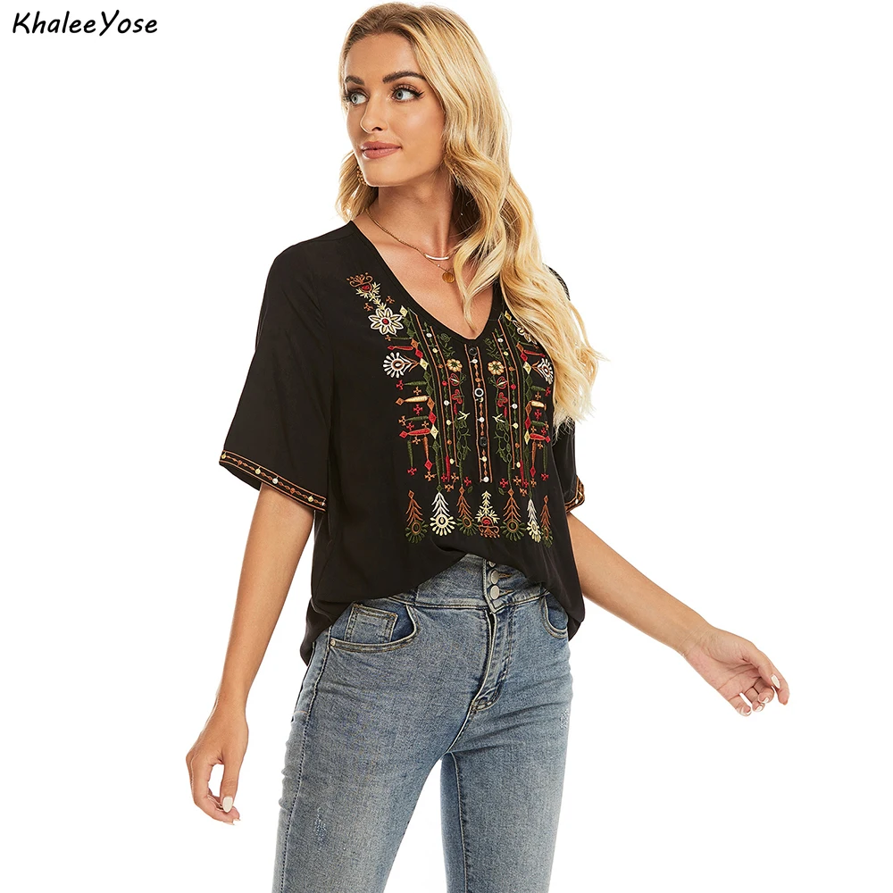 KHALEE YOSE Floral Embroidery Blouse Shirt Black Vintage Summer Mexican Women Shirt Oversized 2xl Ethnic Boho Ladies Shirt Tops