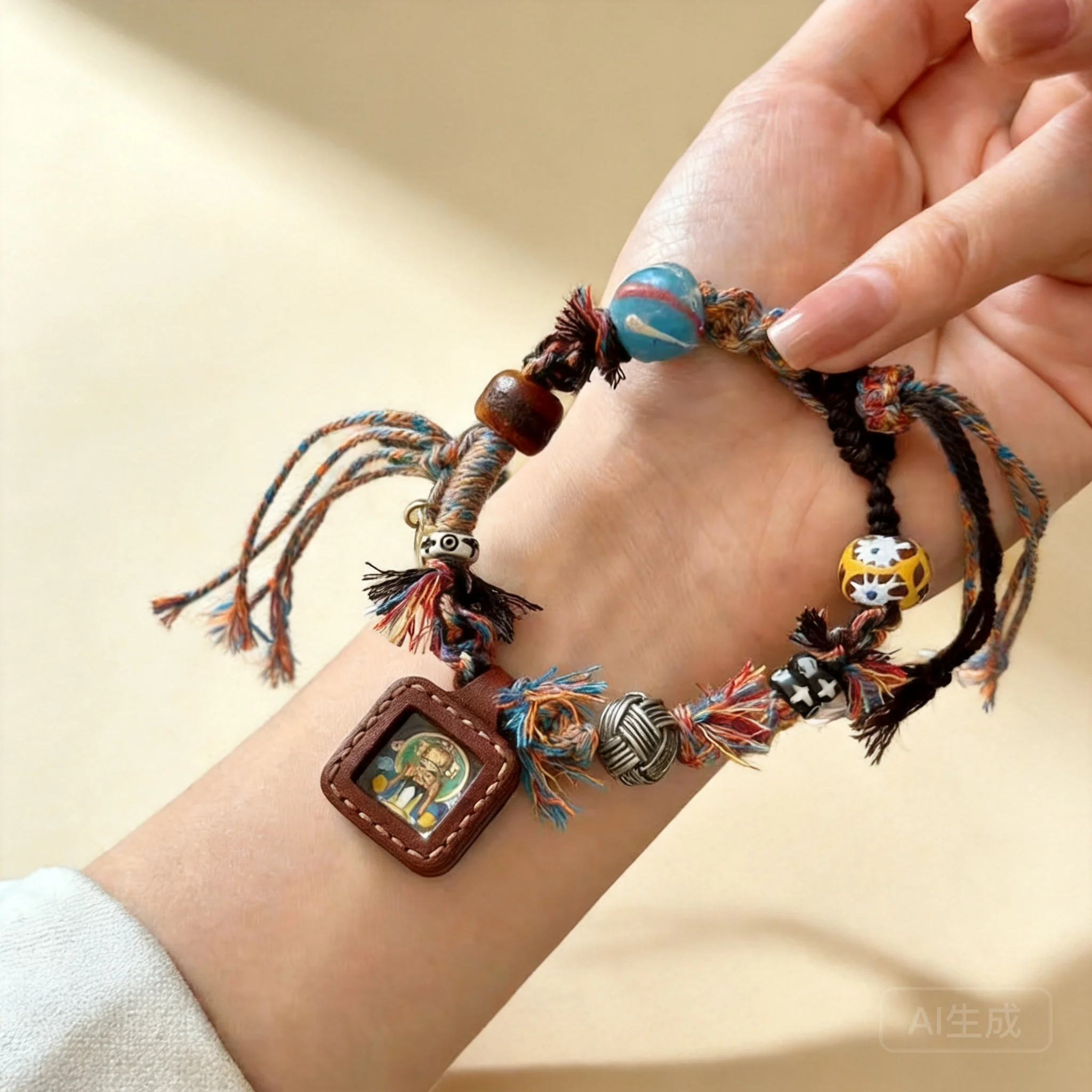 Yno Tibetan Style Zakiram Lucky Bracelet Handmade Woven Maillard Geometric Adjustable Chinese Traditional Blessing Wealth Good