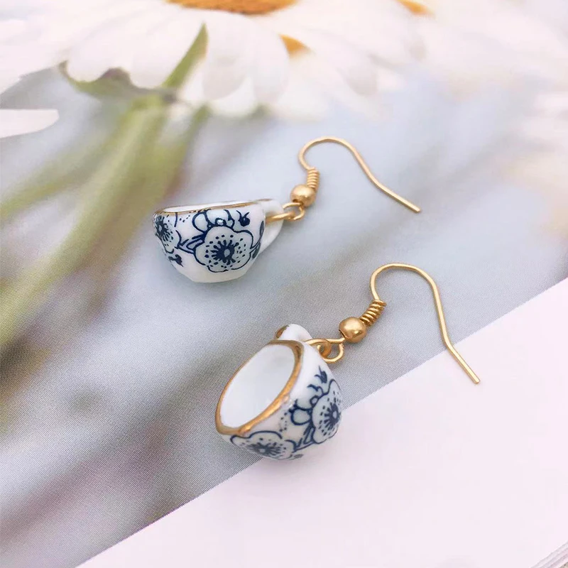 New Fashion Handmade Ceramic Cup Dangle Earrings for Women Party Matte Metal Blue White Enamel Resin Earrings Jewelry