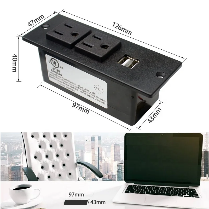 Bureautafel 2 UITGANGEN INBOUW GEMONTEERDE SOCKET MET 2 USB 1a 2a POORTEN SPT2 SJT 3X16AWG 3X14AWG 1,5m 2m netsnoer