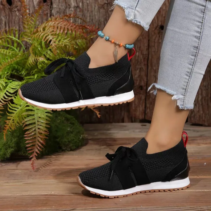 Women's Shoes 2024 Fashion Lace Up Women' Vulcanize Shoes Spring Solid Net Grid Breathable Low-heeled Outdoor Sport Casual Shoes