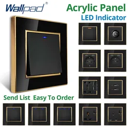 Wallpad-Tomada UE com USB, Painel Acrílico Preto, Borda Dourada, Interruptor De Luz De Parede 2 Vias Com Sensor De Movimento LED