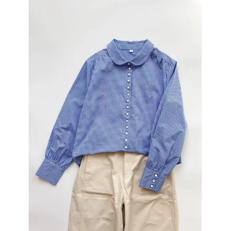 

Blue Plaid Casual Long Sve irt Women's Autumn Artistic Youth Slimming Small Size irt Versatile Ele Top