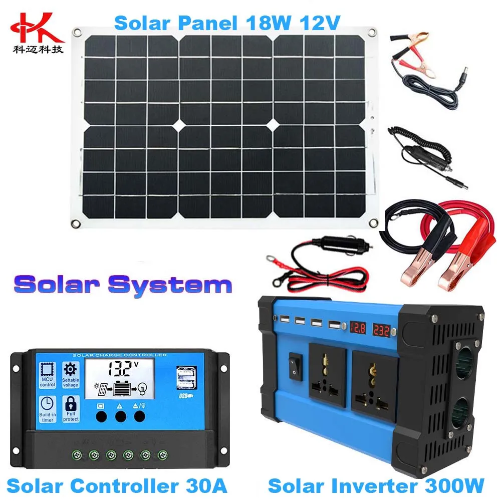 

KX Solar Power System For Home or Car = Inverter Converter 12v to 110v or 220v 300w+ Solar Panel 18v 18w USB 5v + Controller 30A