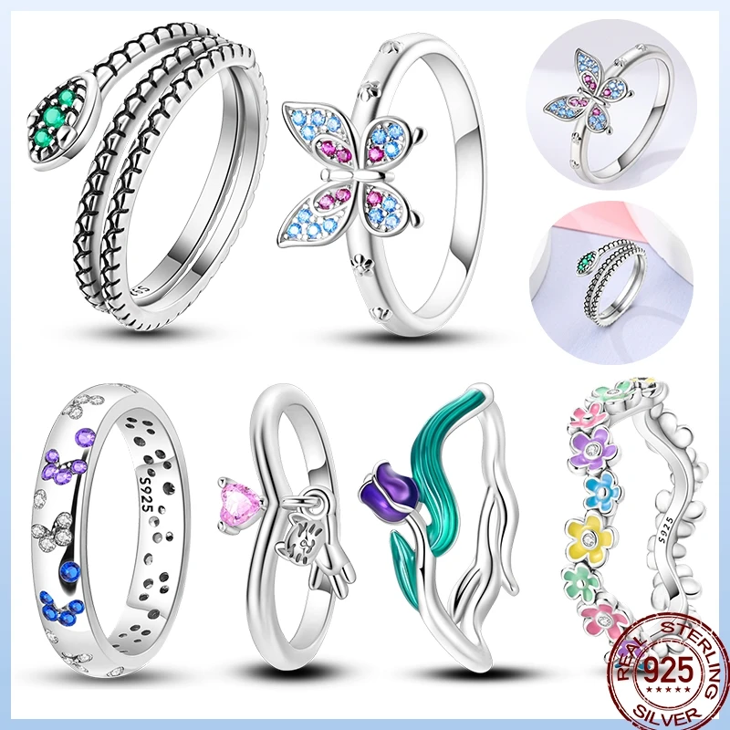 

925 Sterling Silver Ring Blue Butterfly Flower Insect Star Moon Stackable Women's Original Wedding Ring Fine Jewelry Gift