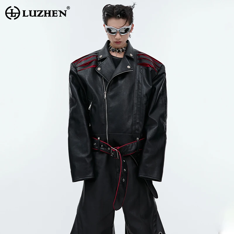 

LUZHEN Belt Decorate Pleated Design Personalized Trendy Leather Jacket Original Stylish Streetwear High Quality Men Coats LZ4639