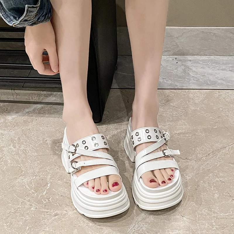 

Silver black Studded Chunky Platform Sandals Women 2026 Summer Thick Heeled beach Shoes for Ladies Ankle Strap Peep Toe slippers