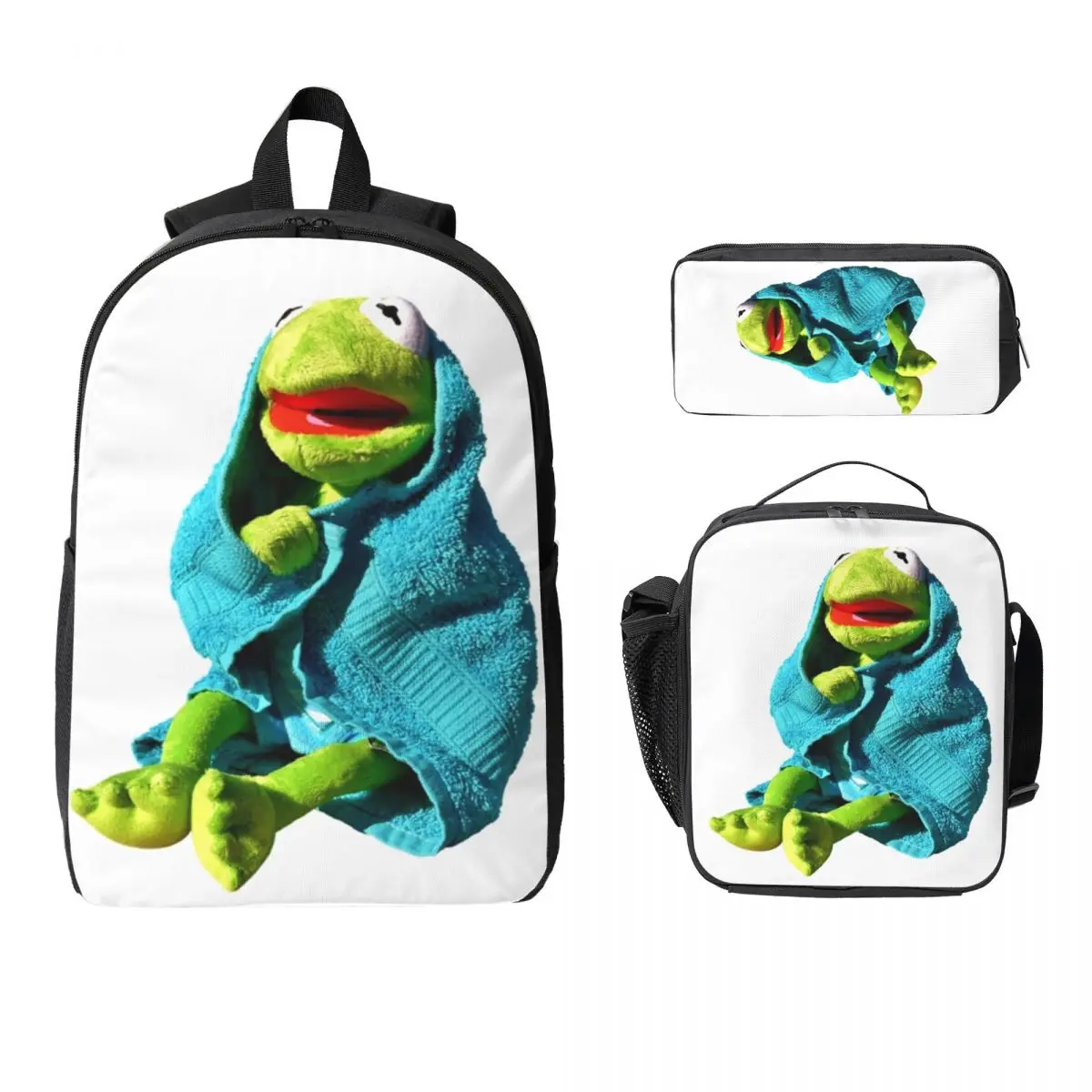 

Рюкзак Kermit с полотенцем, студенческая сумка для книг для мальчиков и девочек, школьная сумка, сумки на плечо для ноутбука, 3 шт., изолированная сумка для обеда, пенал