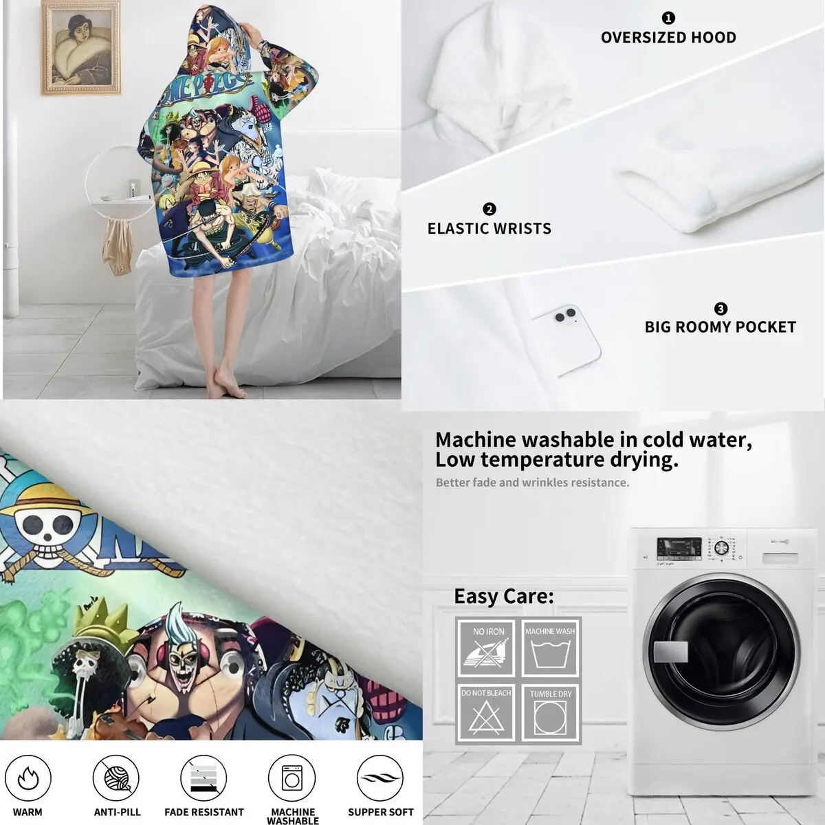Koc z kapturem One Piece Anime Manga Luffy dla kobiet i mężczyzn, obszerny sweter-koc z kieszenią