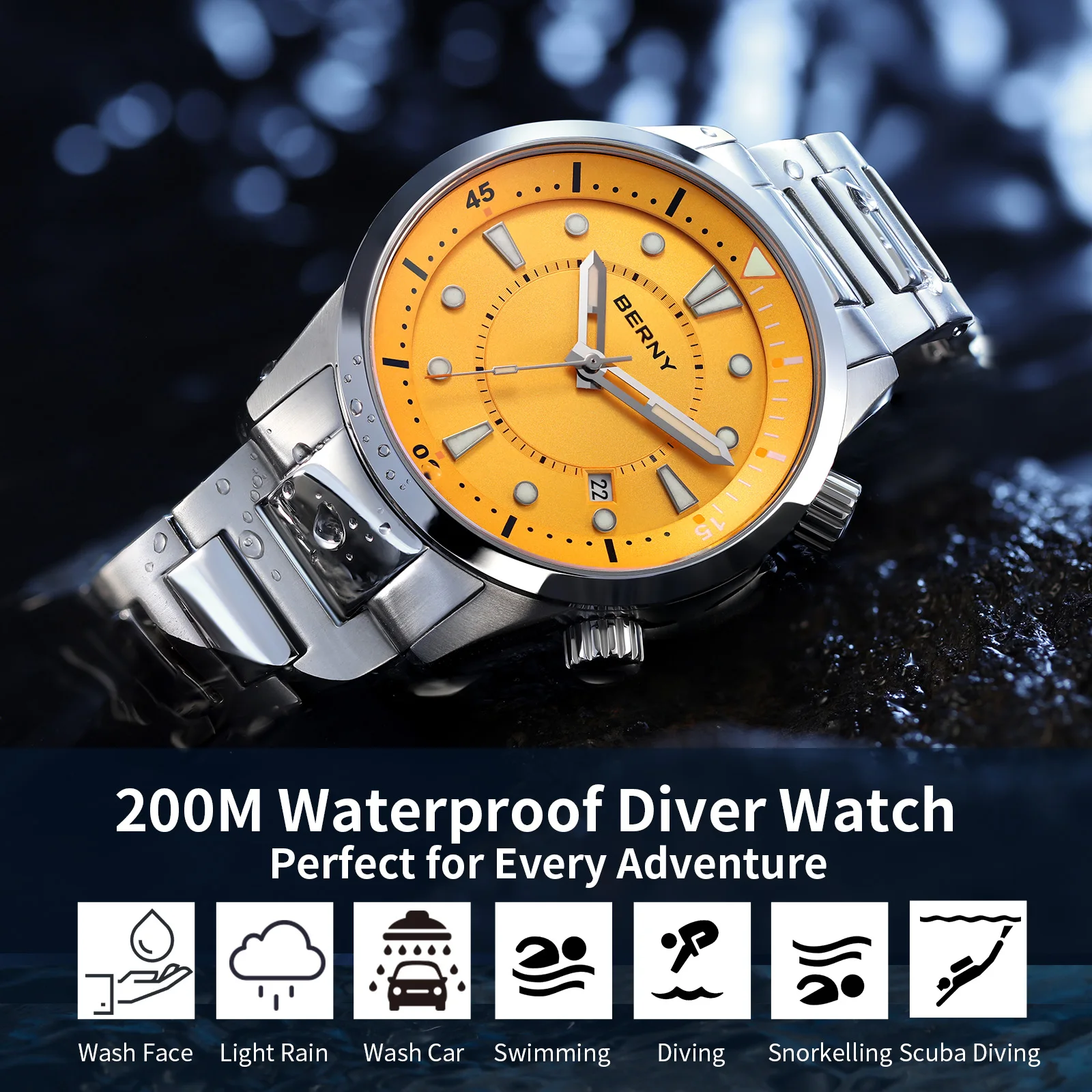 Men's Automatic Diver Watch: 200M Sapphire Stainless Steel