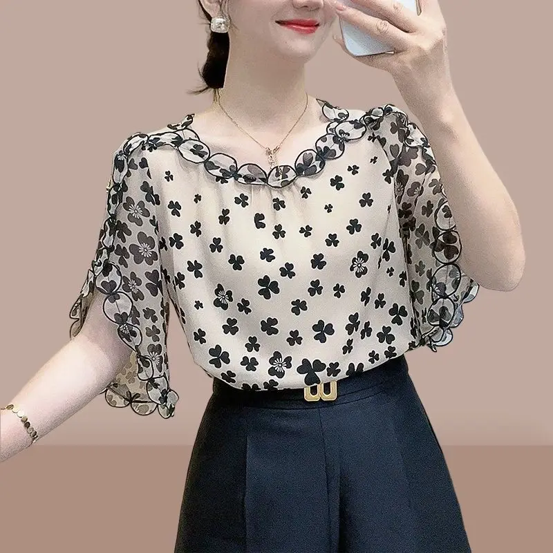 

Elegant Fashion Harajuku Slim Fit Blouses Printed Solid O Neck Insert Short Sleeve Tops Women Casual All Match Women's Clothing