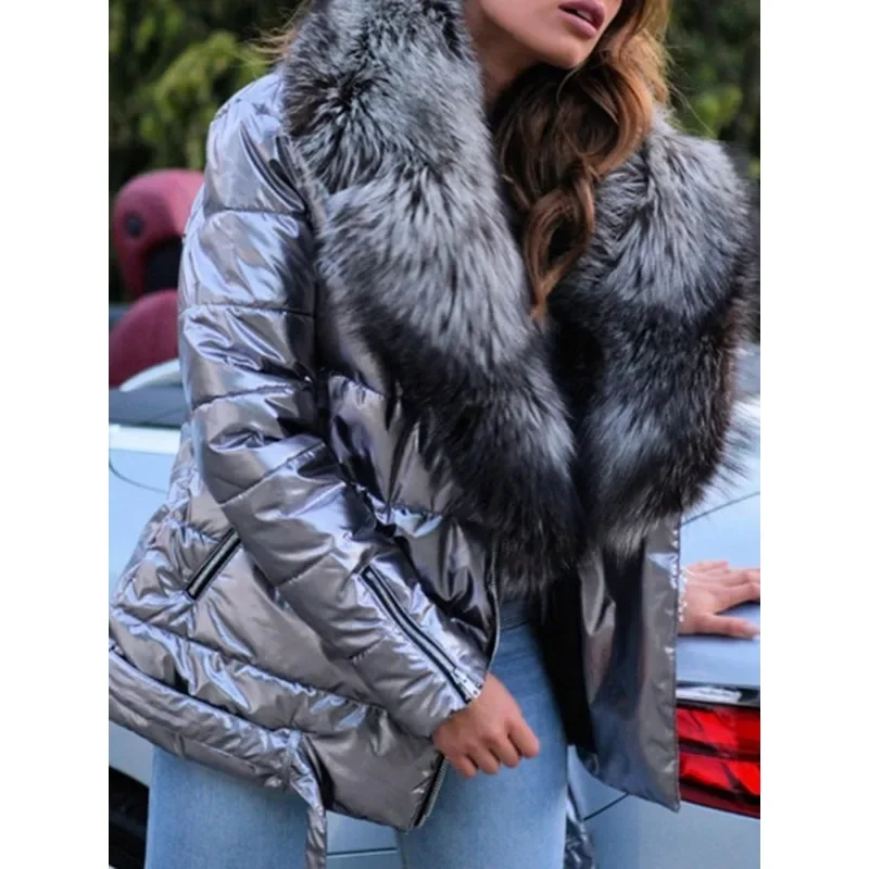 Women Fashion Fake Fur Jacket Winter Warm Coat With Belt Slim Fit Wadded Parka Down Coat Long Coat Windproof Outwear